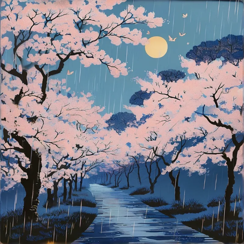 A glowing wet path winds between pink cherry trees under a full moon while rain streaks across the night sky.