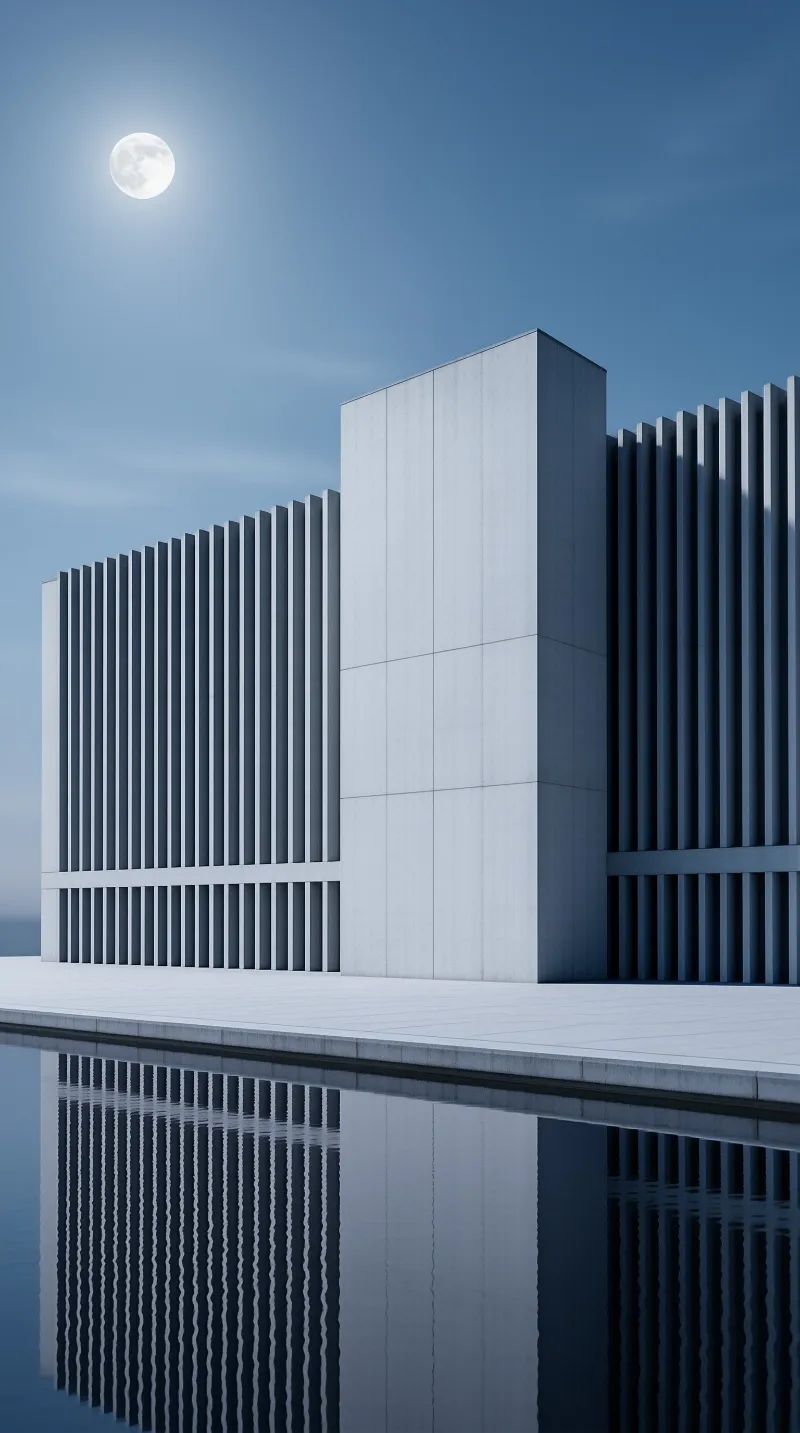A stark white modernist building with vertical fins is mirrored in a still pool beneath a full moon in clear blue sky