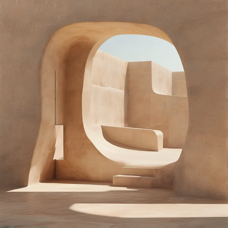Sandy beige curved architecture features a large archway revealing layered geometric walls and a sliver of pale sky in soft natural light