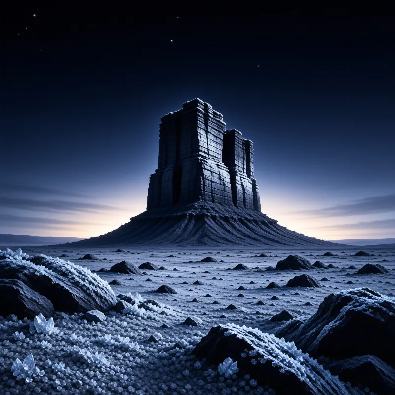 A giant blocky structure rises from a snowy field scattered with dark rocks and glowing crystals beneath a starry sky.