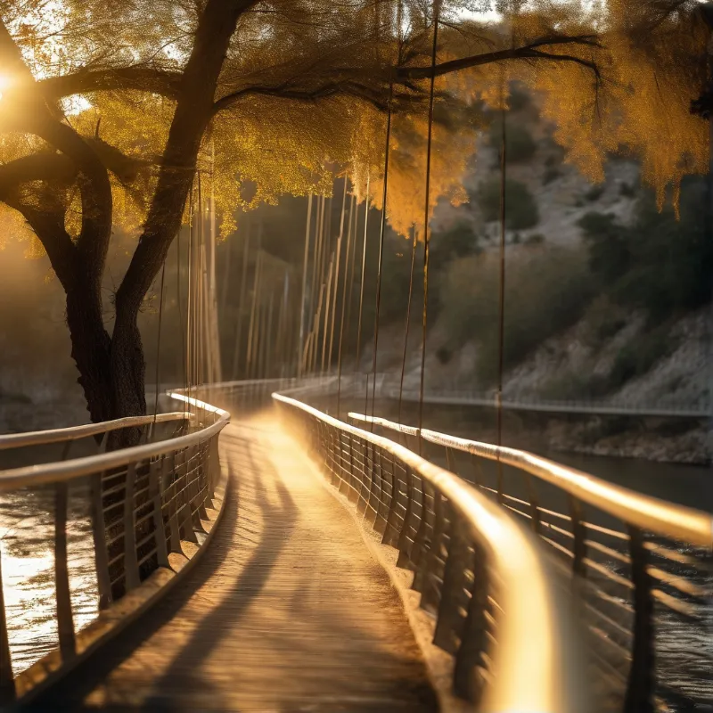 A wooden suspension bridge curves over a quiet river, flanked by yellow autumn trees lit by soft morning sunlight.