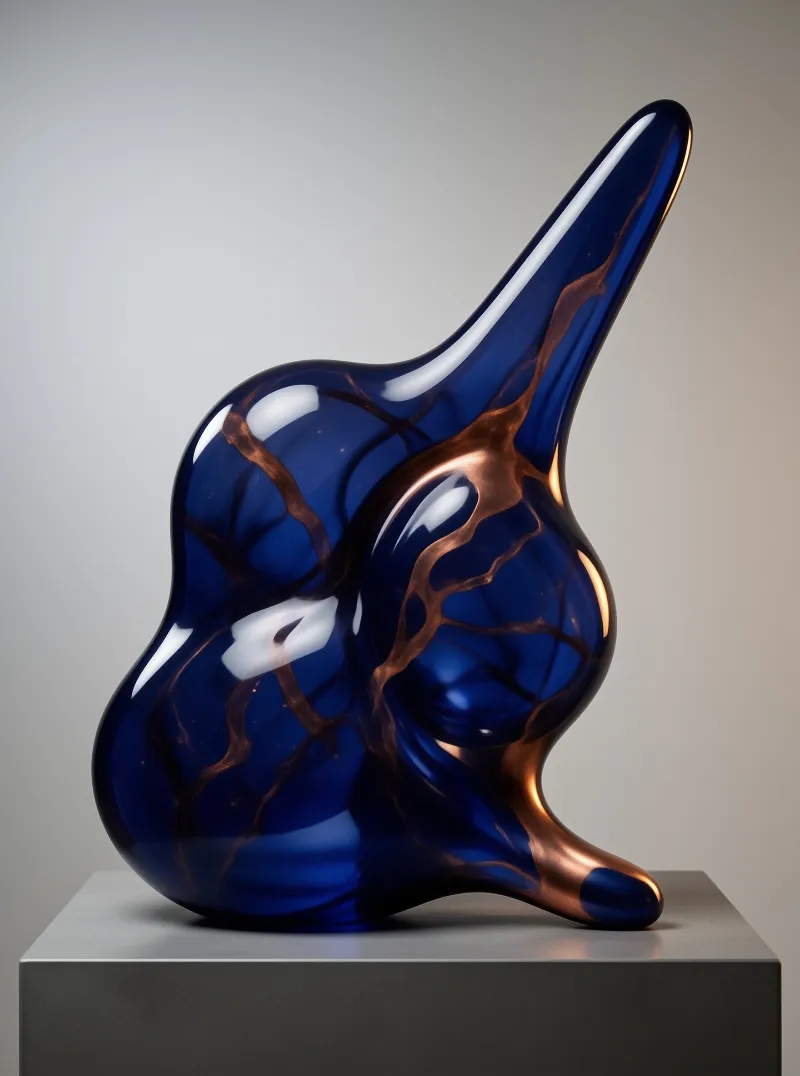 A smooth blue form with copper branching veins stands atop a grey pedestal in soft light.