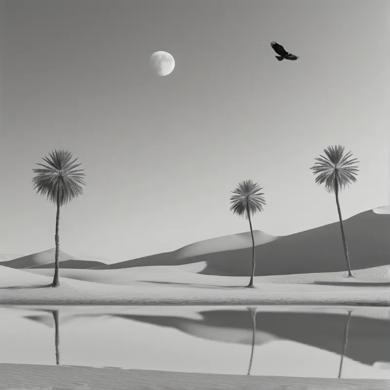 A black and white photograph shows three palm trees standing near a body of water with their reflections visible on the surface while a large moon hangs in the sky and a bird flies across the upper right side against rolling dunes.
