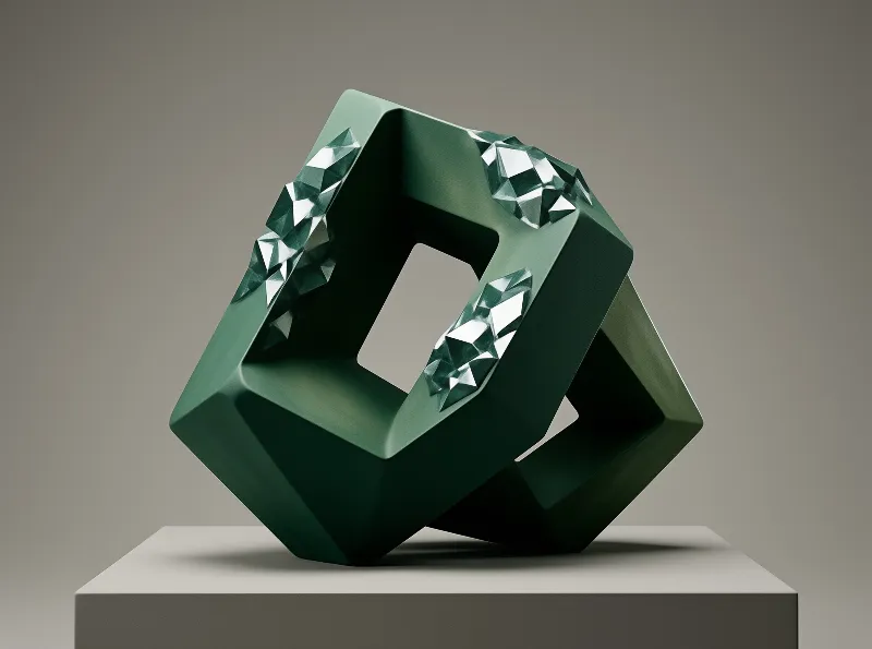 A matte green angular loop sculpture sprouts clusters of sharp emerald crystals on a grey gallery pedestal.