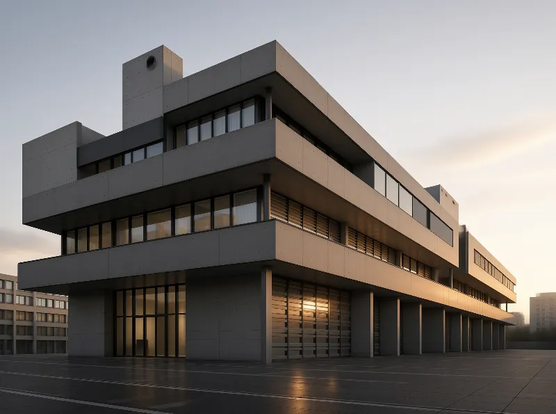 Brutalist Building at Sunset