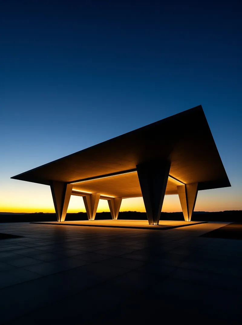 A modern structure with angled pillars stands illuminated against a gradient blue and orange sky during twilight.