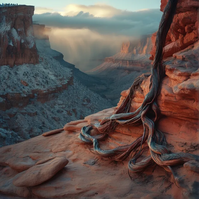 Twisted dark roots on a red sandstone ledge overlook a snowy canyon cliff with golden fog in the distance.