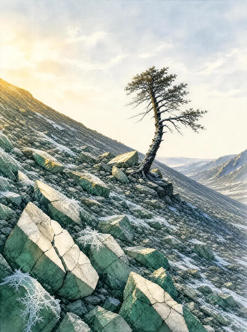 A lone pine tree stands on a rocky mountain slope, bathed in golden sunlight with snow-dusted rocks and distant mountains in the background.