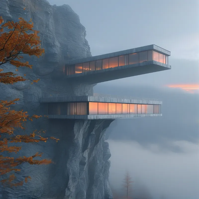 A glass-walled concrete dwelling juts from a rocky cliff above a sea of morning mist.