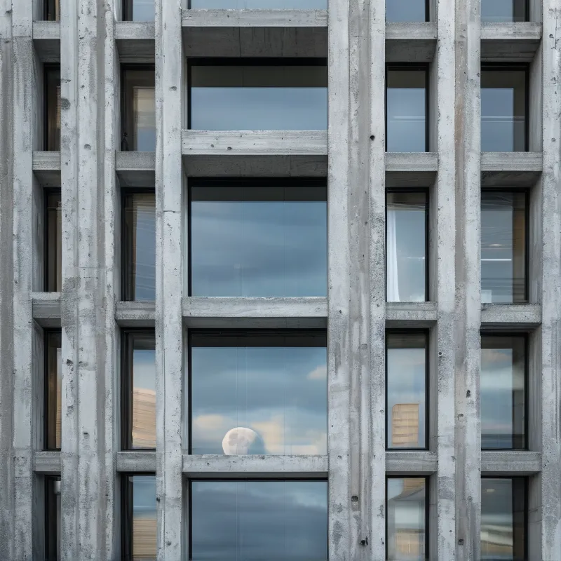Weathered concrete pilasters frame tall recessed windows that mirror the evening sky, clouds and a low full moon.