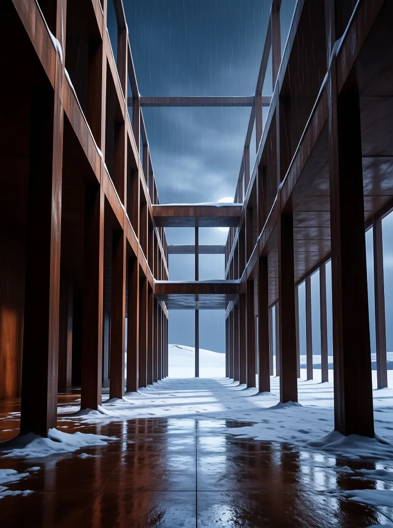 Dark blue sky looms over a wet wooden walkway where vertical beams cast long shadows across the snow.