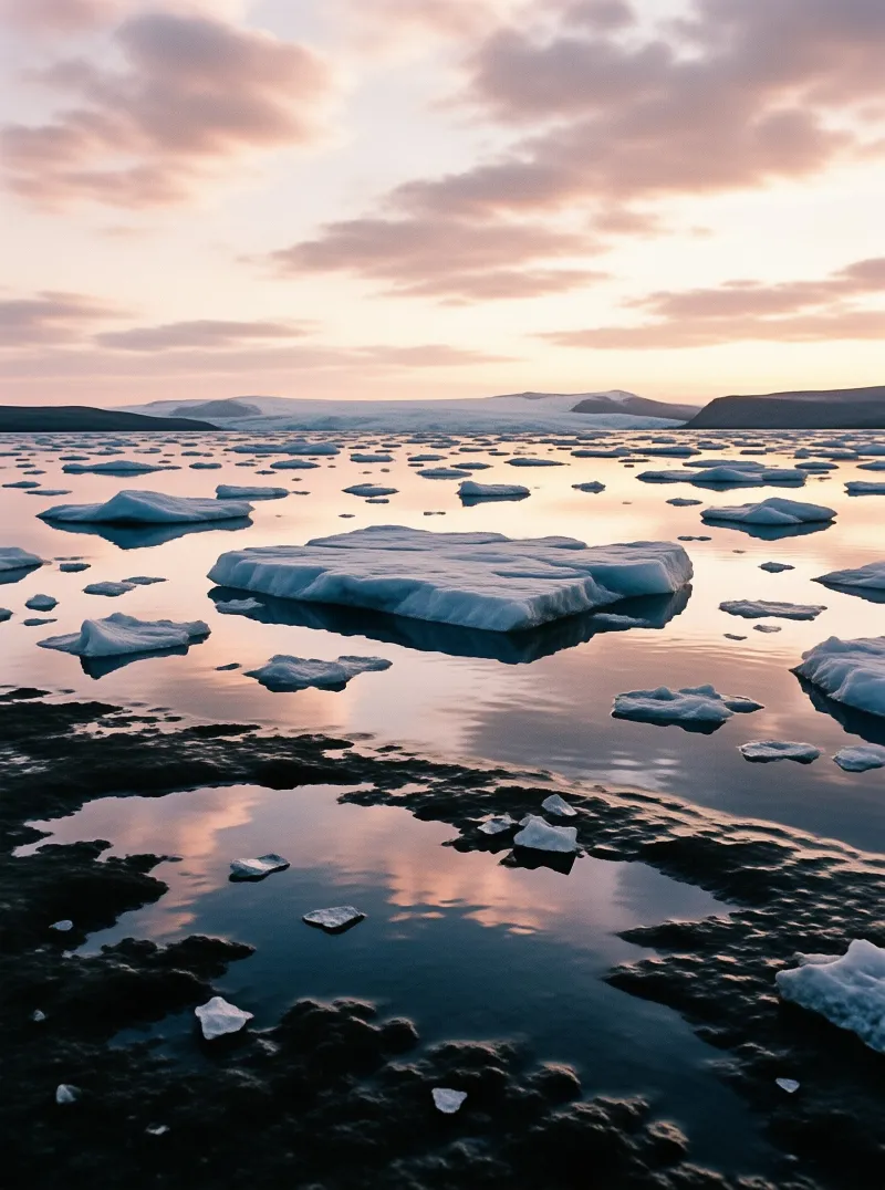 Flat blocks of glacial ice drift on mirror-still arctic water beneath rose-tinted sunset clouds
