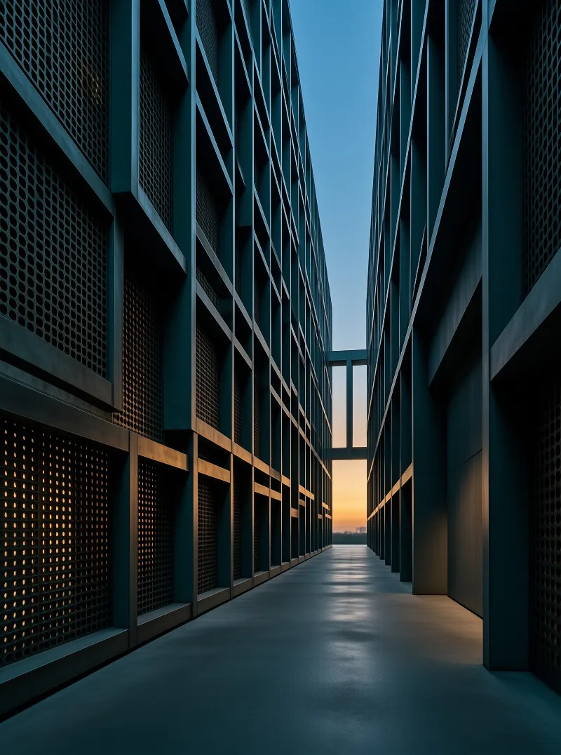 A long outdoor corridor runs between tall facades of punched screens and open bays, ending in a narrow band of orange sunset