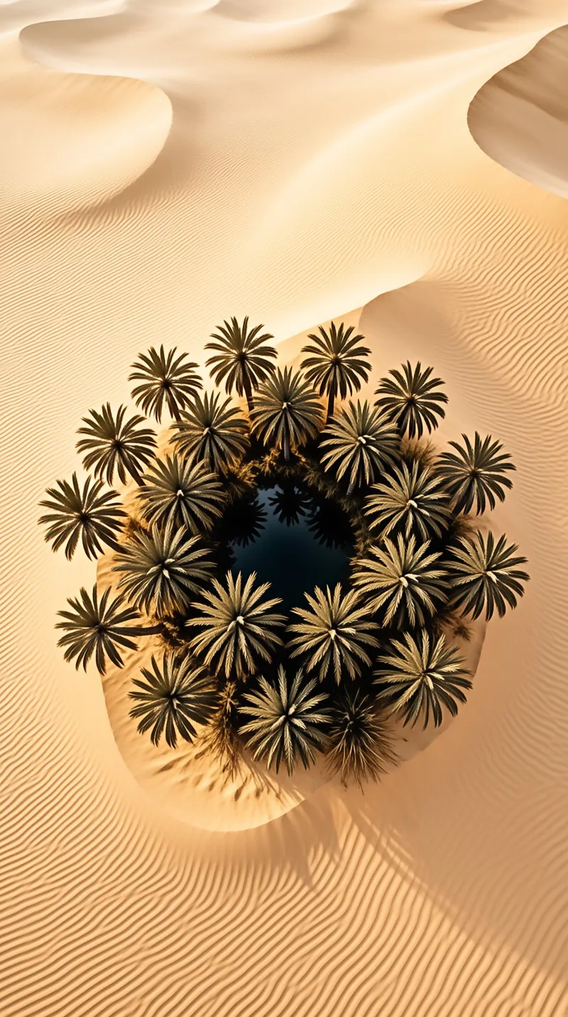 An overhead view reveals a ring of palm trees protecting a dark water body within a sea of textured golden sand dunes.