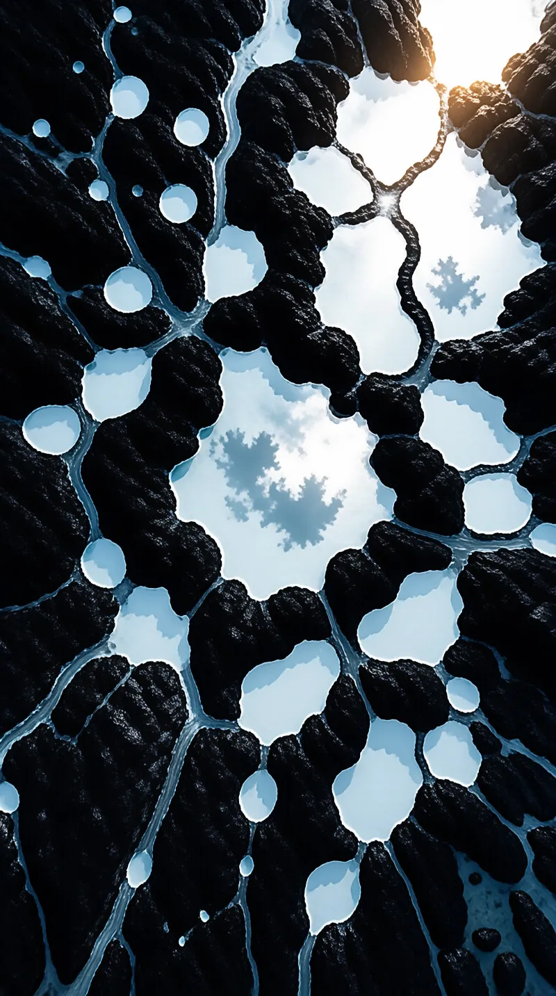 Rough dark organic shapes form a network with light blue gaps reflecting a cloudy sky and sunlight.