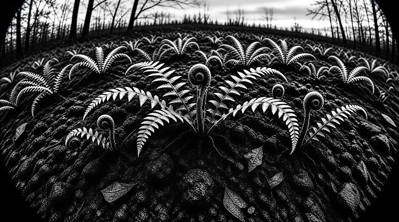 Rows of unfurled fern fronds stand upright against a textured ground with a treeline behind them.