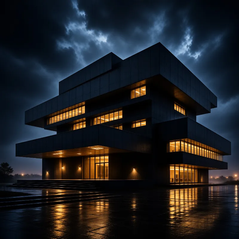 A cubist office block of overlapping dark bands lights its amber windows against a bruised night sky.