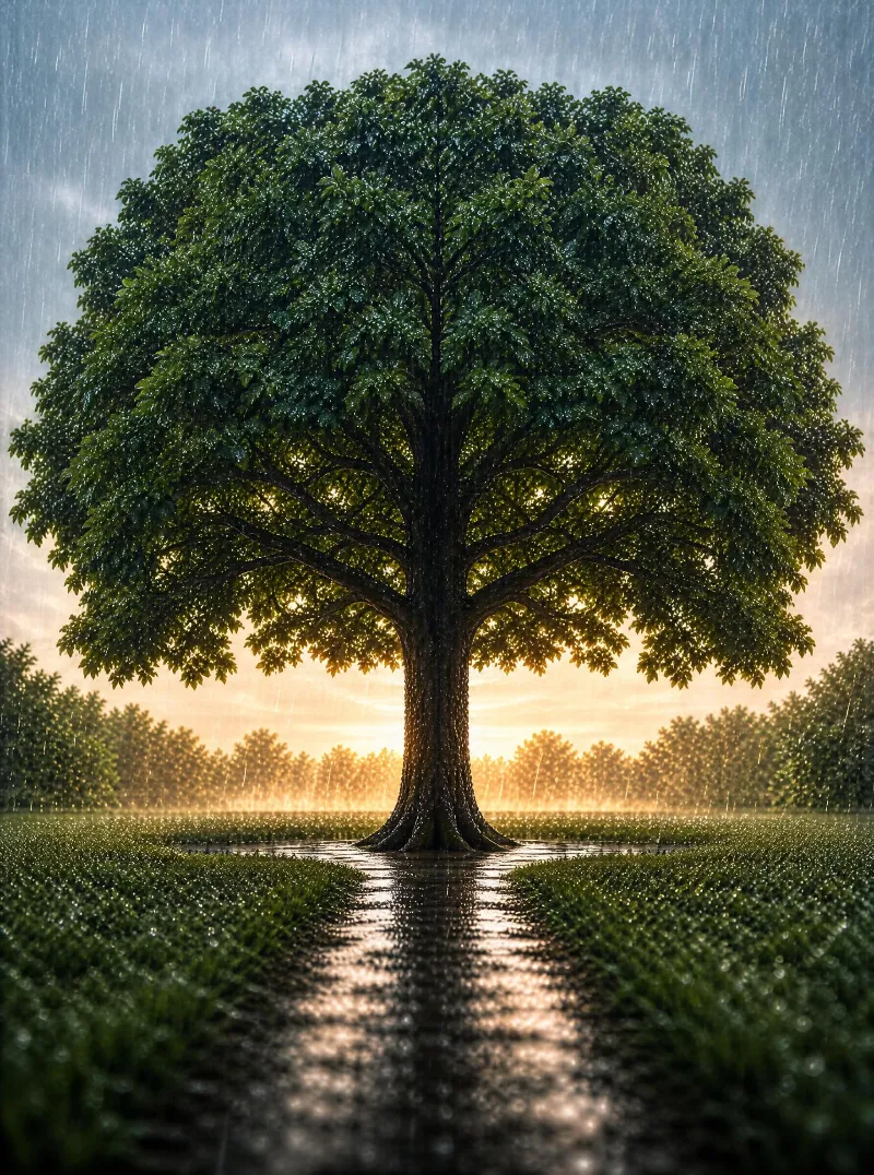 A large oak tree stands in a wet field under rainfall, with golden hour light glowing behind its foliage and reflecting on the damp ground