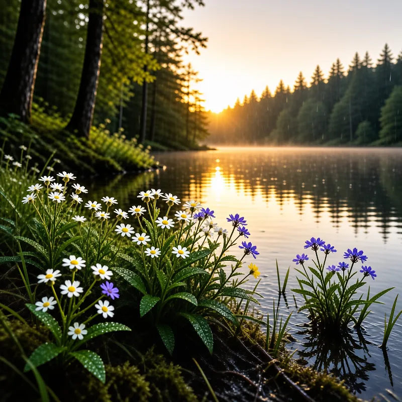 White daisies and purple wildflowers bloom near a calm lake reflecting golden sunlight through a distant forest.