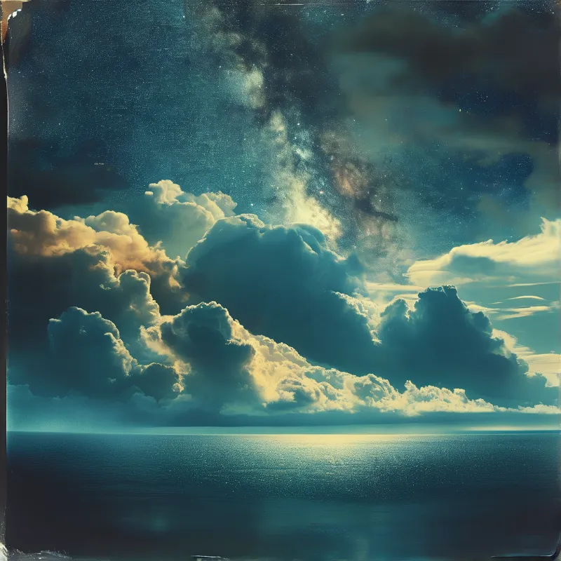 Large white clouds float above a calm sea while stars shine through the upper atmosphere during twilight hours.