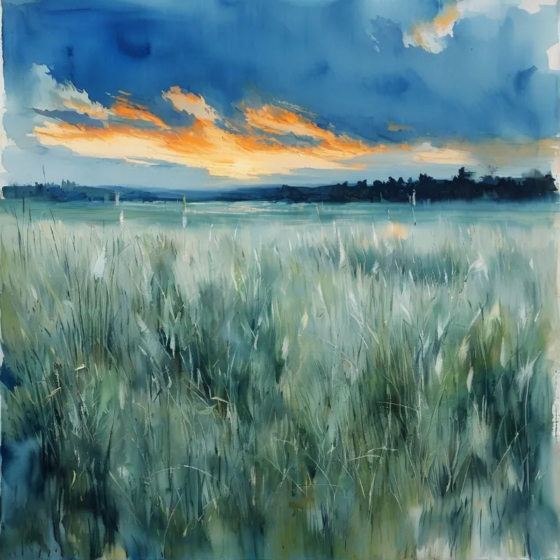 Tall grasses fill the foreground before a misty lake, with a dark distant treeline and warm orange dusk clouds against a deep blue sky.