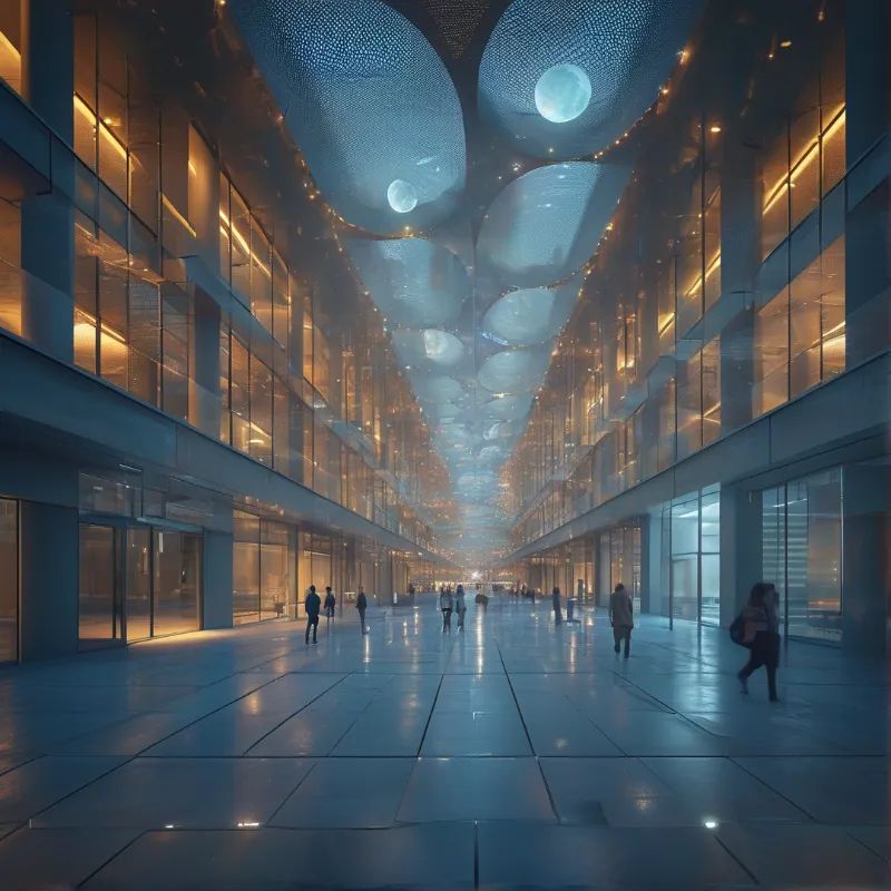 Wide indoor corridor with glass walls and a ceiling of glowing organic mesh domes reflecting on the polished floor.
