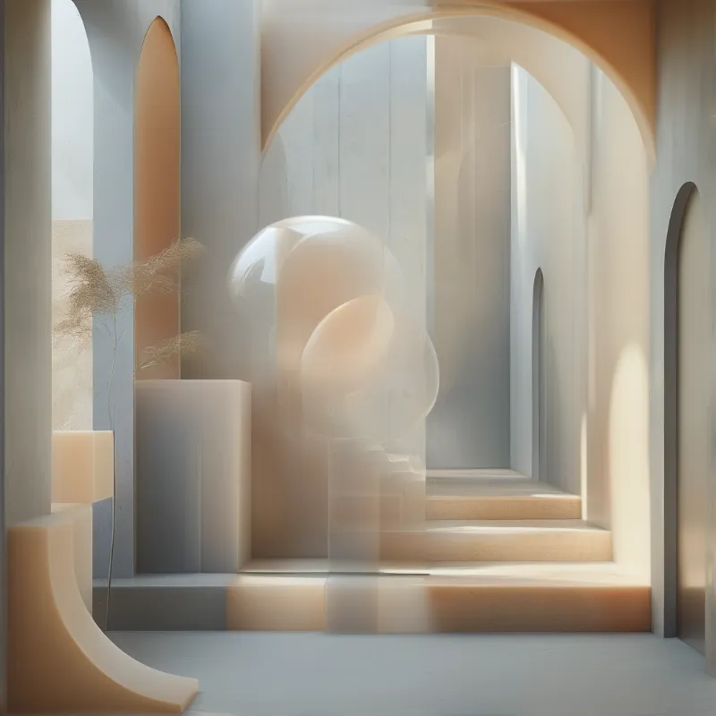 A large transparent sphere rests on stone steps within a serene minimalist archway, bathed in soft warm light.