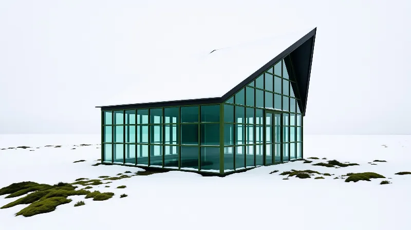 A sharp glass building sits isolated in a vast white snowy field with green moss patches at its base under an overcast sky