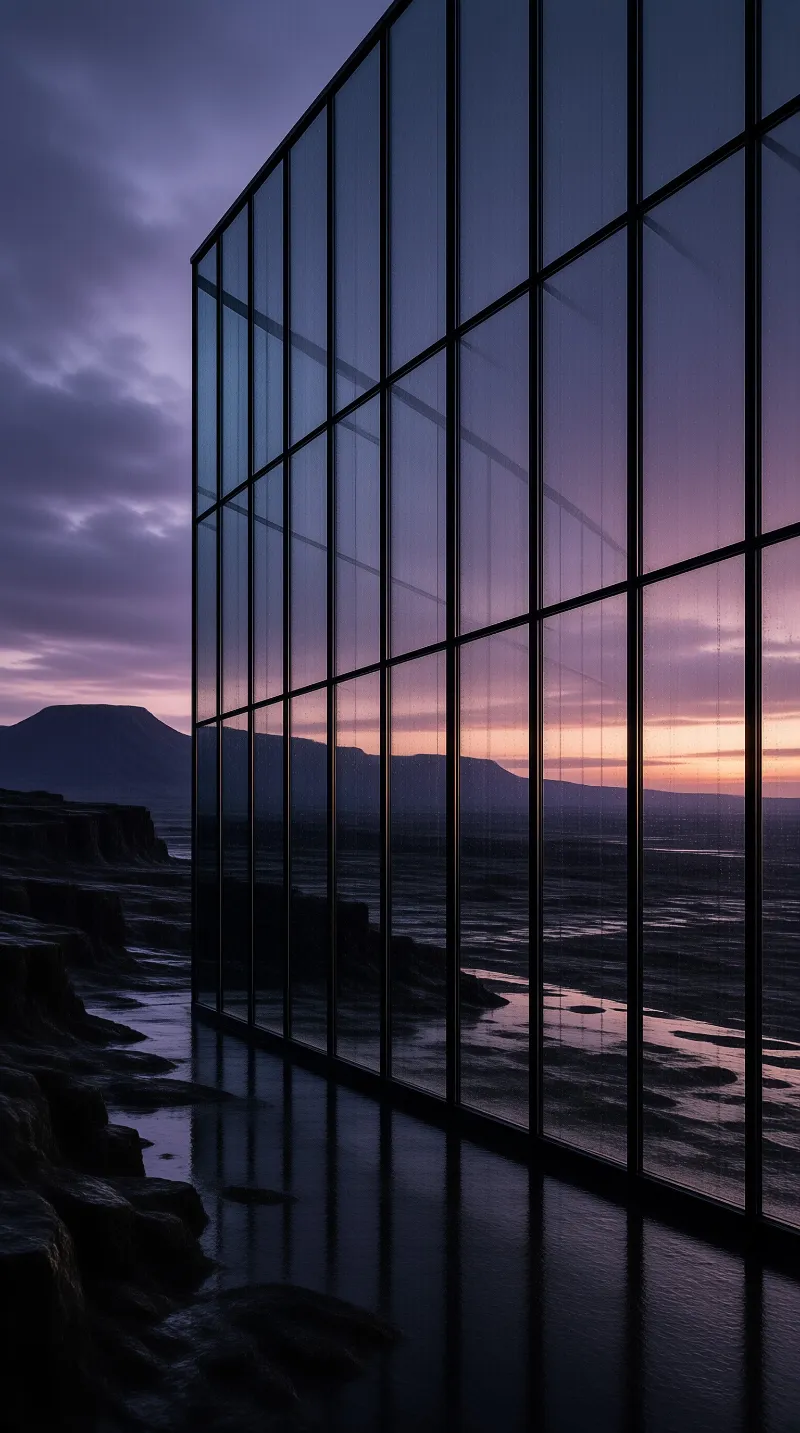 A glass building stands beside dark rocks and water at dusk, reflecting a purple and orange sunset over distant mountains.