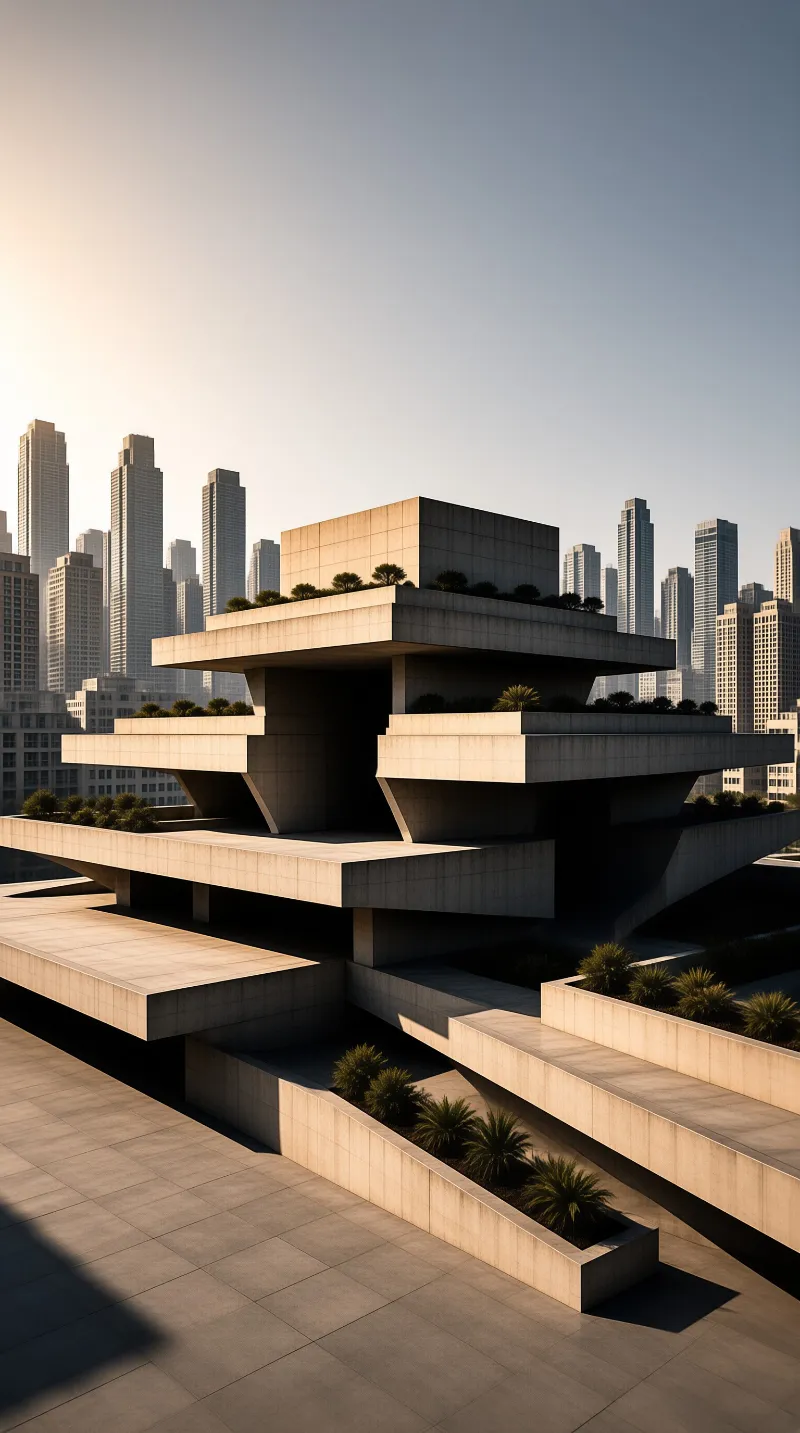 Sunlight illuminates the sharp edges of a stacked concrete building situated in front of a dense metropolitan skyline.