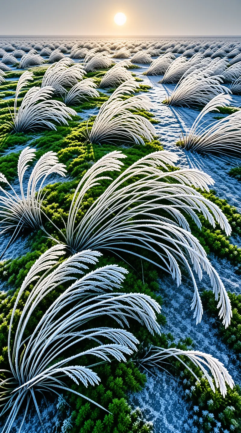 Rows of white grassy tufts spread across a green landscape under a low sun casting long shadows.