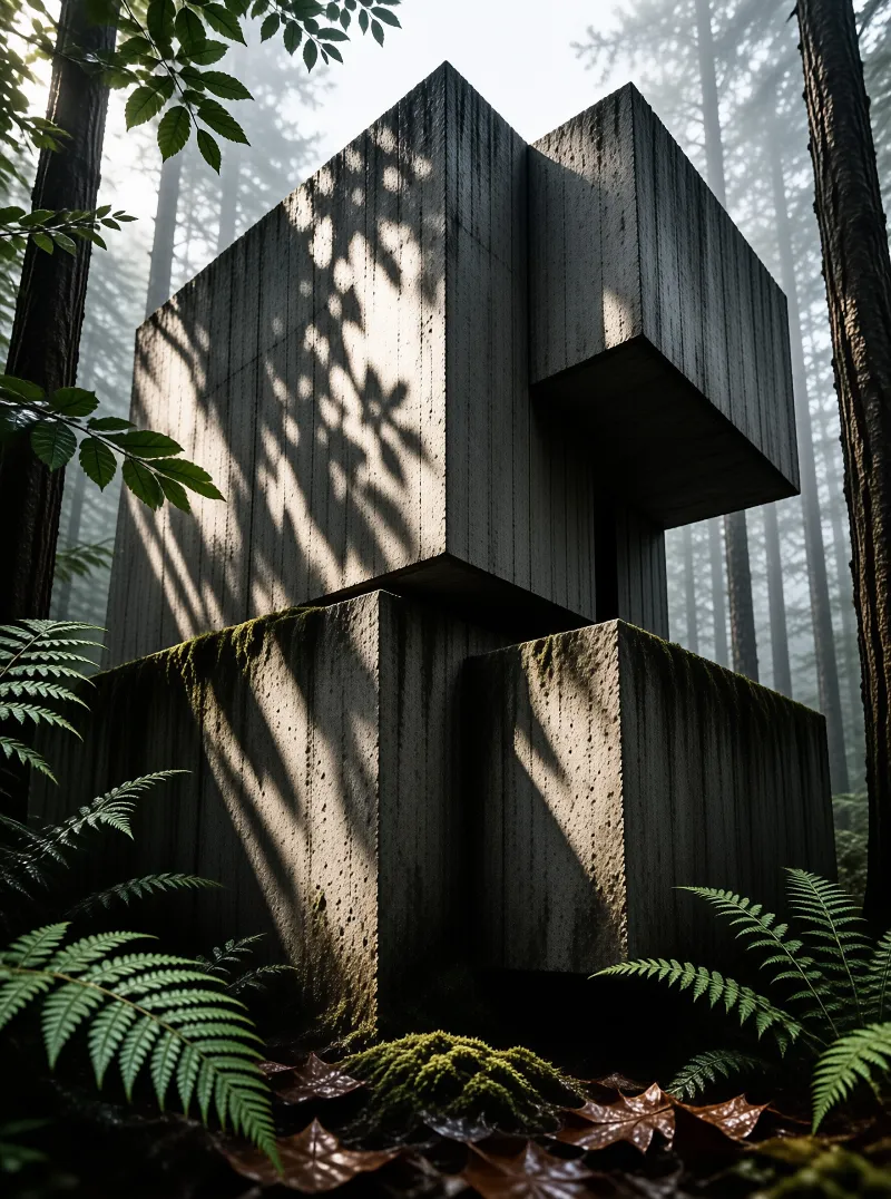 Mossy concrete blocks are stacked like a monument in a misty forest, patterned by leaf shadows and framed by ferns.