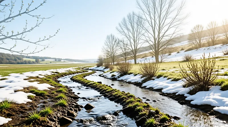 A rocky creek meanders across a green meadow dotted with remnants of winter snow under bright sunlight.