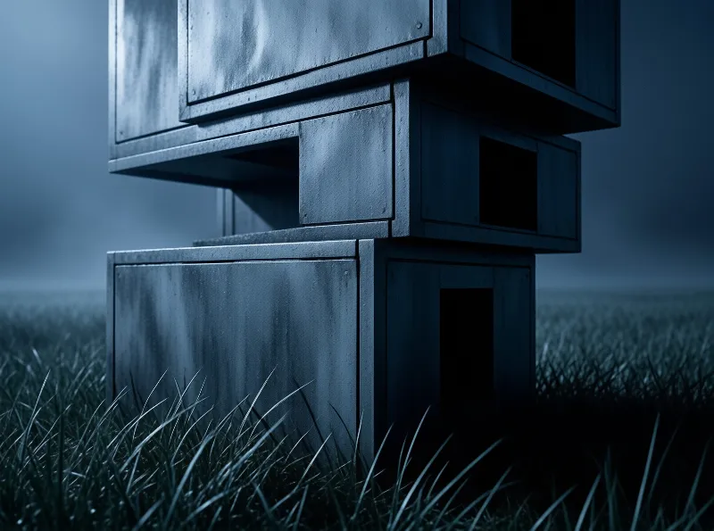 Three hollow concrete blocks stacked vertically on a grassy lawn under a cool blue foggy sky.