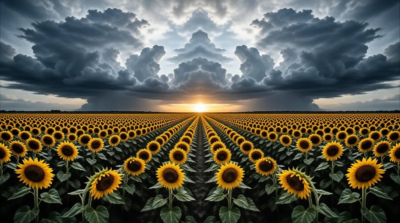 Vast rows of sunflowers face the horizon where a bright sun breaks through heavy storm clouds.