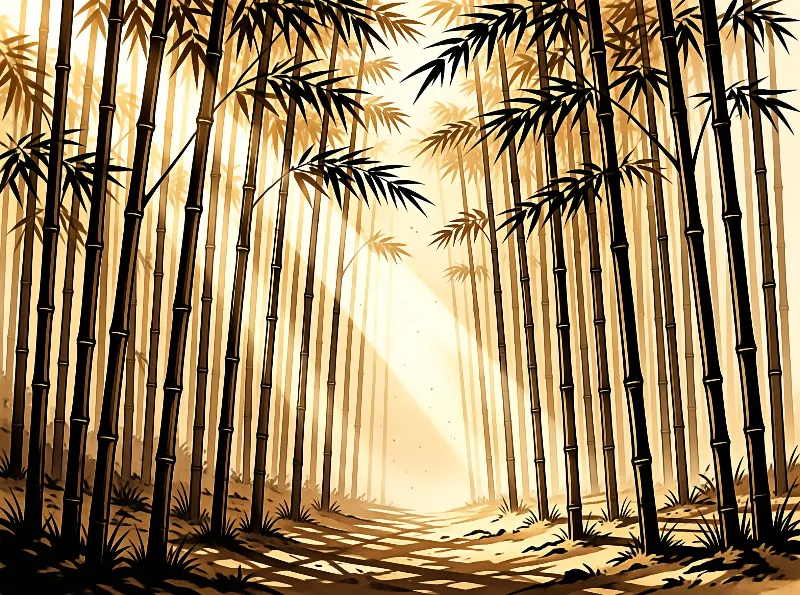 Vertical bamboo stalks line a misty path while warm sunbeams filter through the trees.