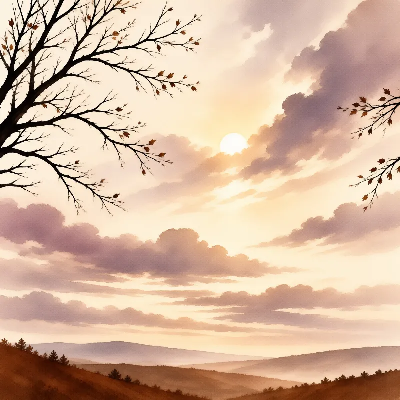 Tree limbs outline distant hills lit by a pale sun amidst scattered clouds.
