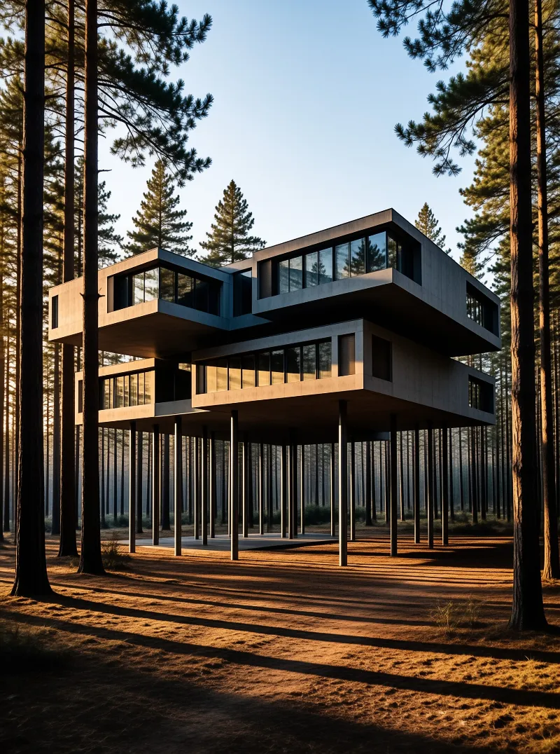 Modern elevated architecture rests on thin stilts within a sunlit pine forest at sunrise.