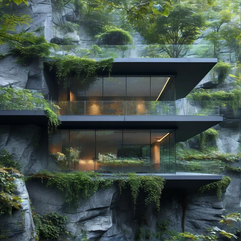 Glass architecture cantilevered from a steep rocky cliff face surrounded by lush vegetation and glowing interior lights.