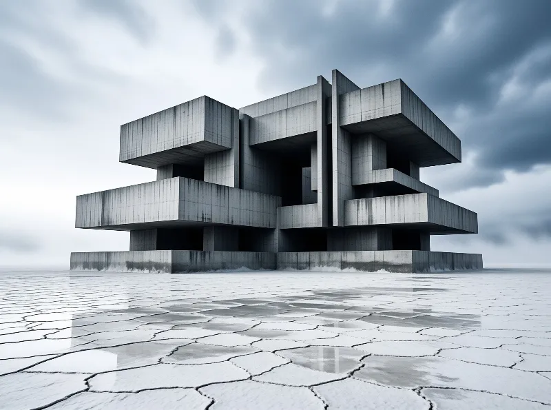 A brutalist concrete structure stands on a cracked salt flat with wet patches under a cloudy sky