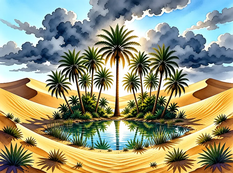 A cluster of green palm trees grows around a clear blue pond situated in the middle of vast golden sand dunes under a sky filled with dark grey clouds and bright sunlight.