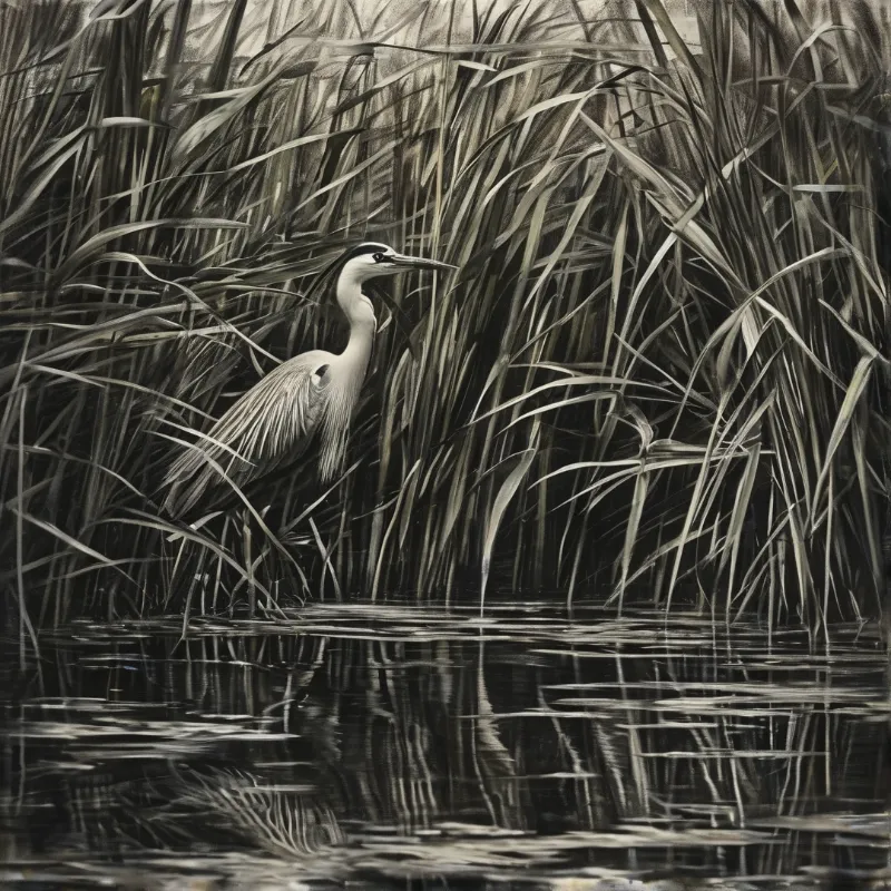 A monochromatic drawing depicts a heron standing in shallow water surrounded by tall grass blades with visible reflections.