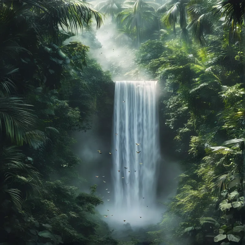 A tall waterfall plunges through lush palm filled jungle as sunbeams and mist rise around the falling water.