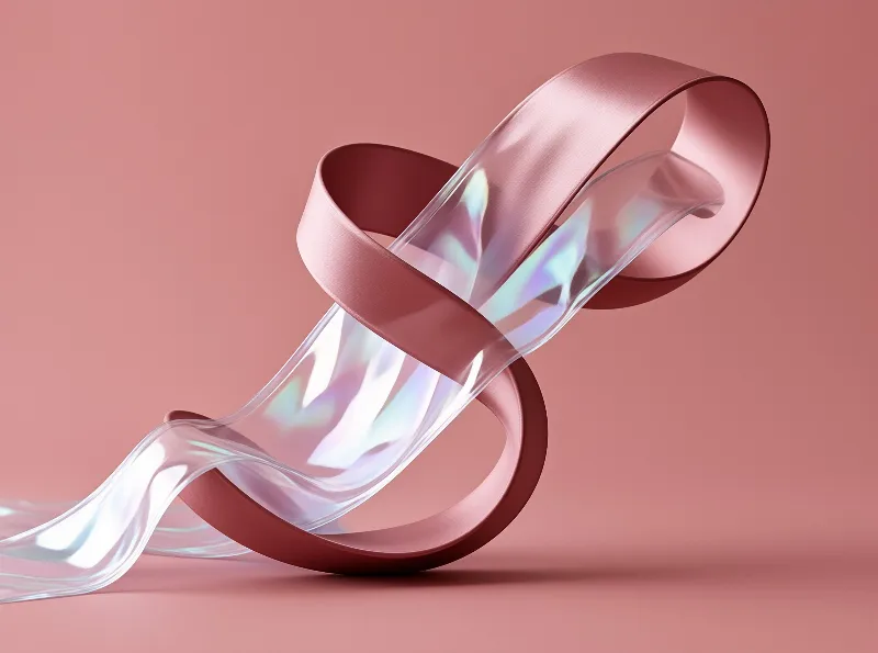 A transparent iridescent strip winds around a solid pink matte band against a monochromatic backdrop.