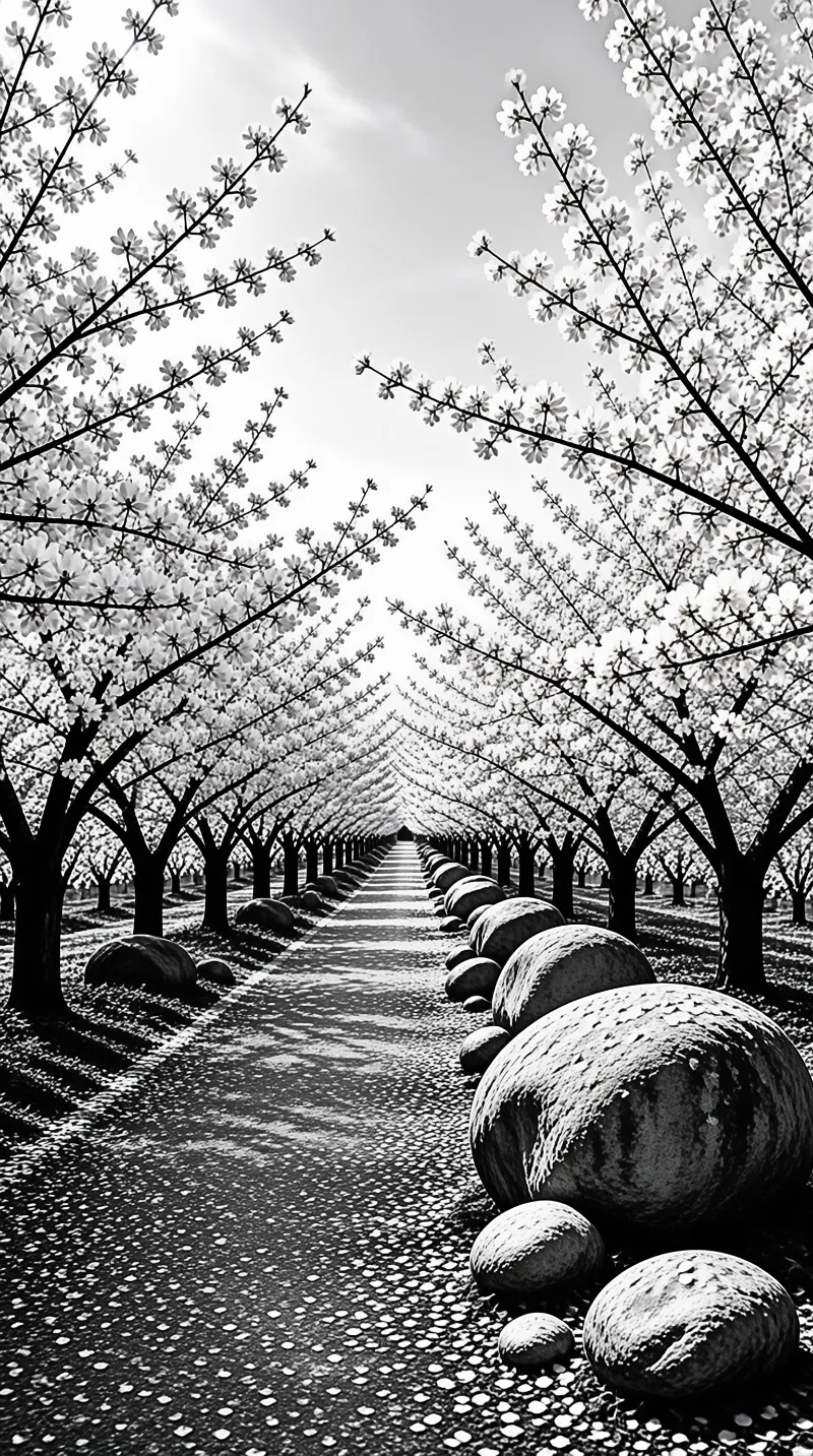 A black and white path lined with blooming trees and large stones leading into the distance.