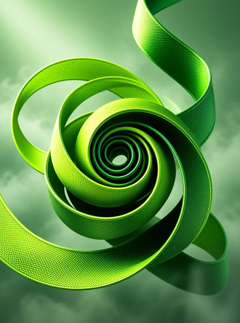 A bright green woven ribbon spirals inward against a soft blurry background with studio lighting.