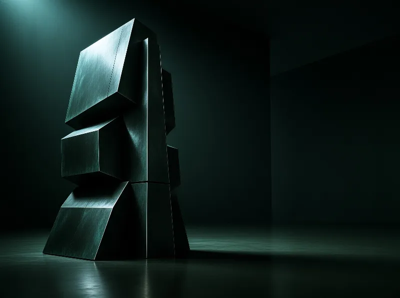 Angular monolithic sculpture of stacked green metal blocks stands in a dark minimalist room lit from the upper left.