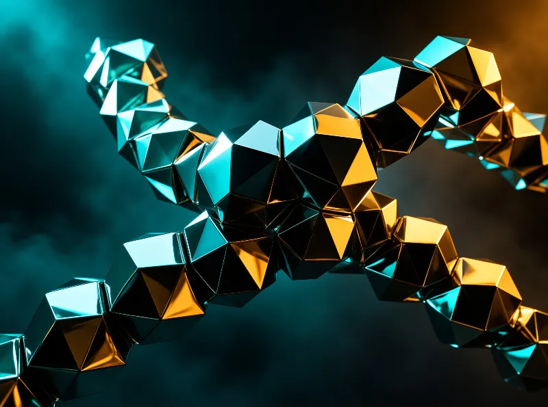 Interconnected angular mirrored polyhedrons cross a dark smoky space, lit by competing cool cyan and warm gold light sources.