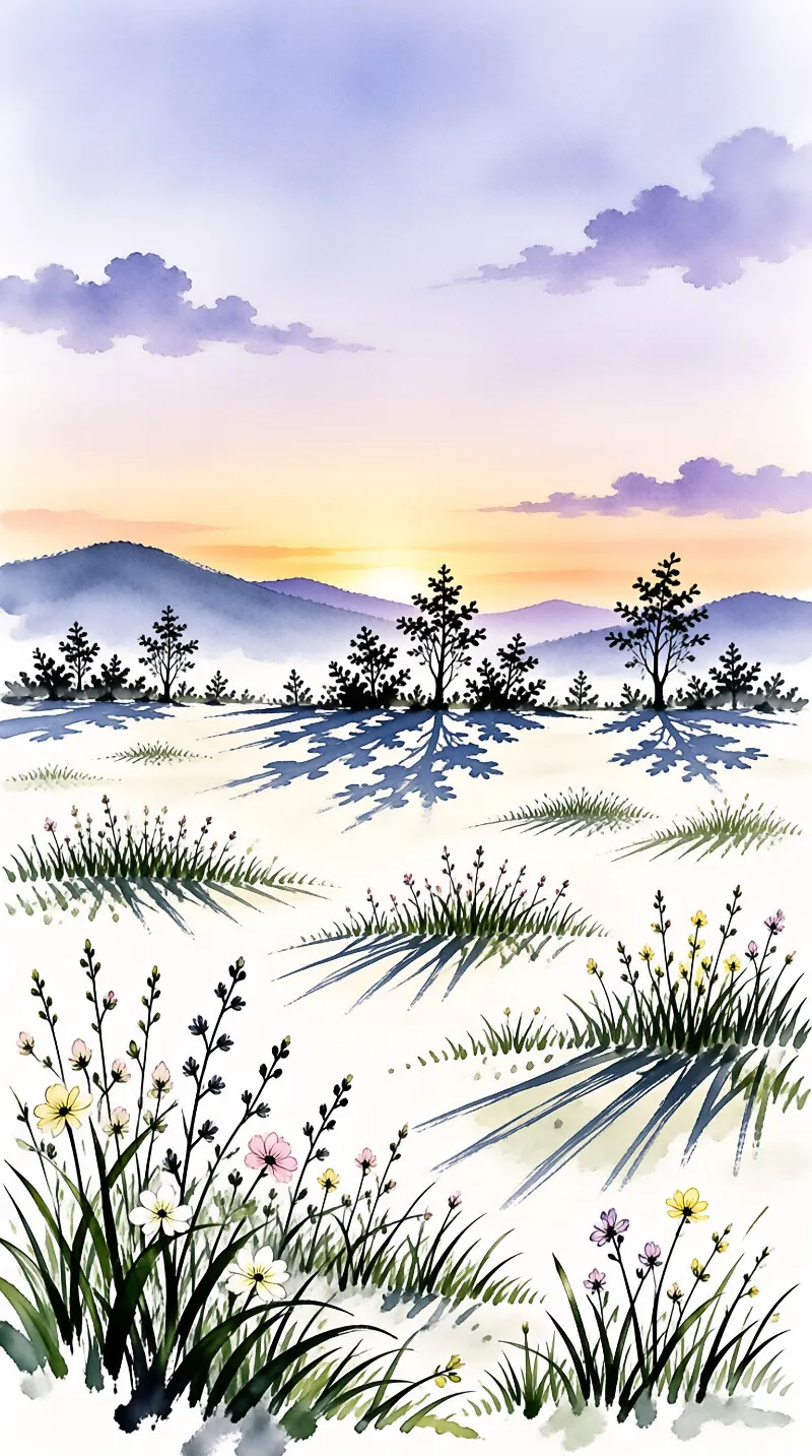 Delicate wildflowers and grasses lean across a pale meadow while dark saplings cast long shadows at sunset.