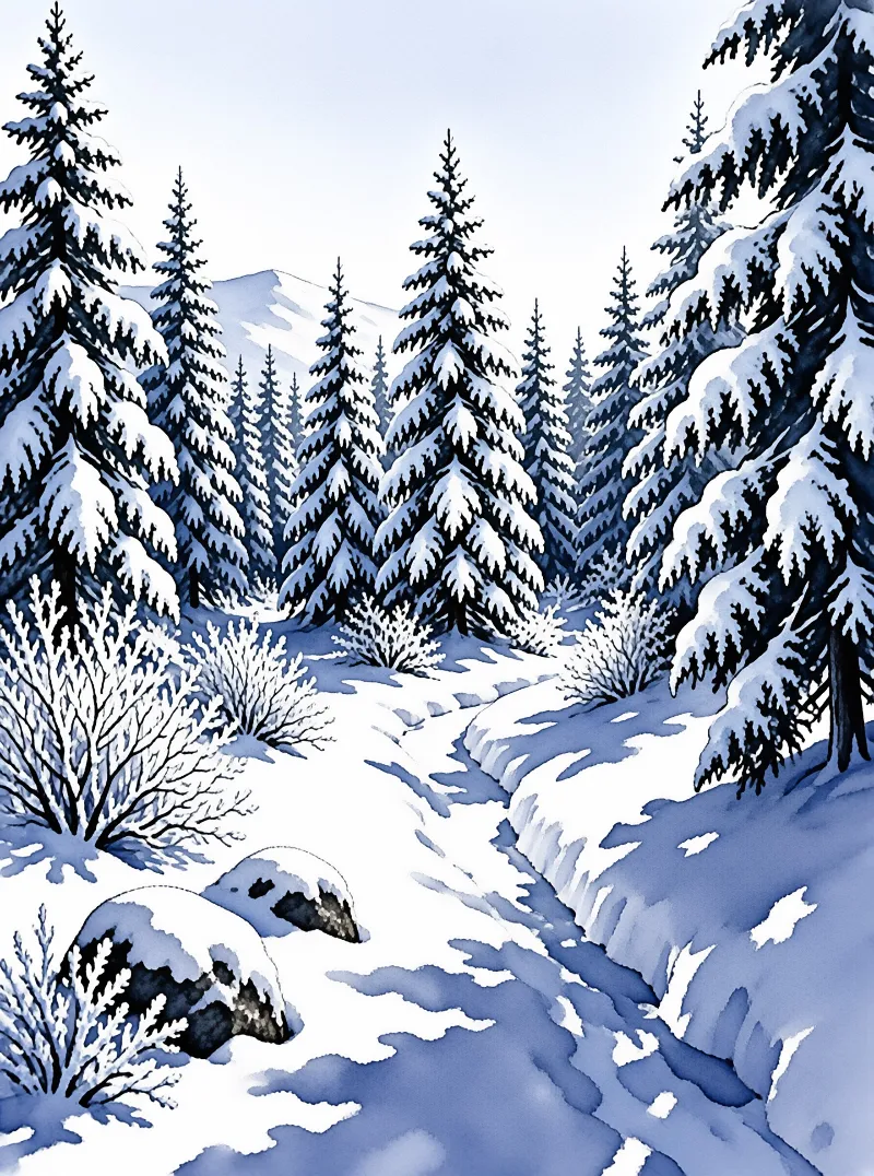 A winding snow-covered path meanders through a dense evergreen forest with blue shadows cast by the trees.